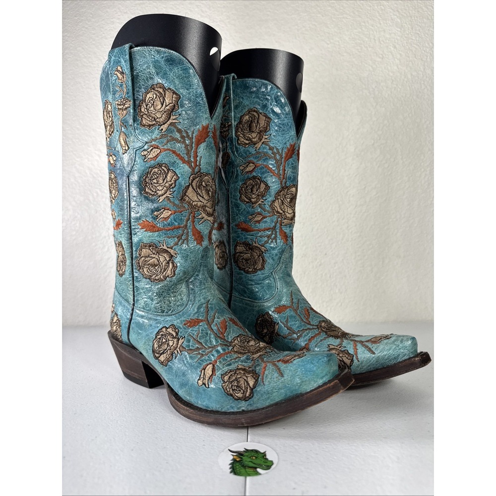 Lucchese Turquoise Cowboy Boots Womens 6 Distressed Embroidered Roses M5646 - Picture 3 of 16